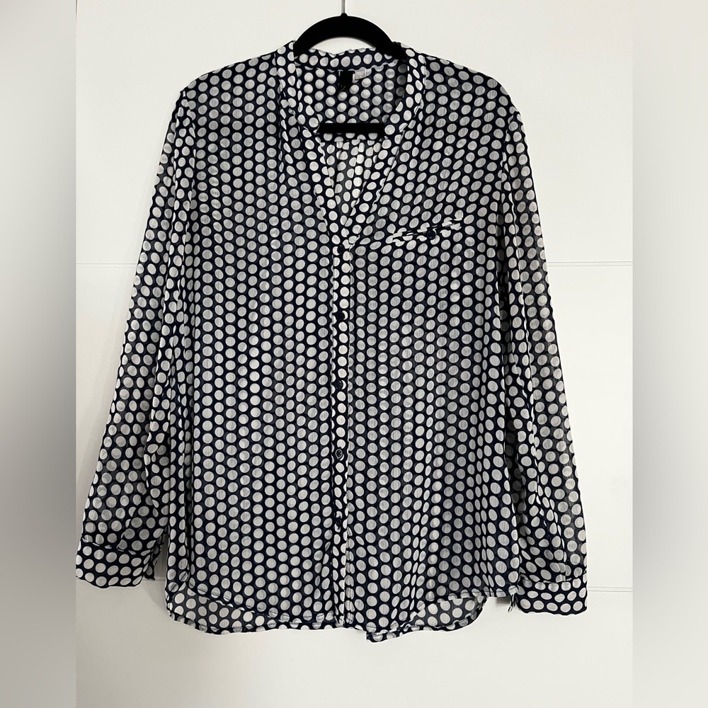 Kut From the Kloth Navy and White Polka Dot Blouse, Sheer Fabric, Large